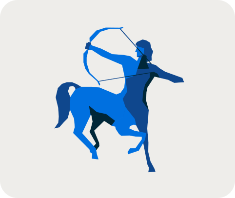 An illustration of a blue centaur with a bow and arrow, symbolizing Clio’s “centaur status” for reaching $100M in revenue.