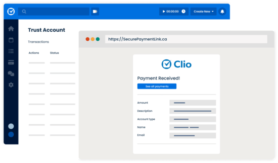 A screenshot displays a "Trust Account" interface in the background, with a foreground browser window showing a "Payment Received!" confirmation page with redacted payment details.
