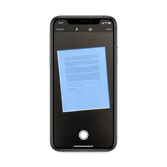 A smartphone screen displays a document scanning interface, with a blue document being captured by the camera. Controls for "Cancel," flash, rotate, and "Auto" are visible at the top, and a capture button is at the bottom.