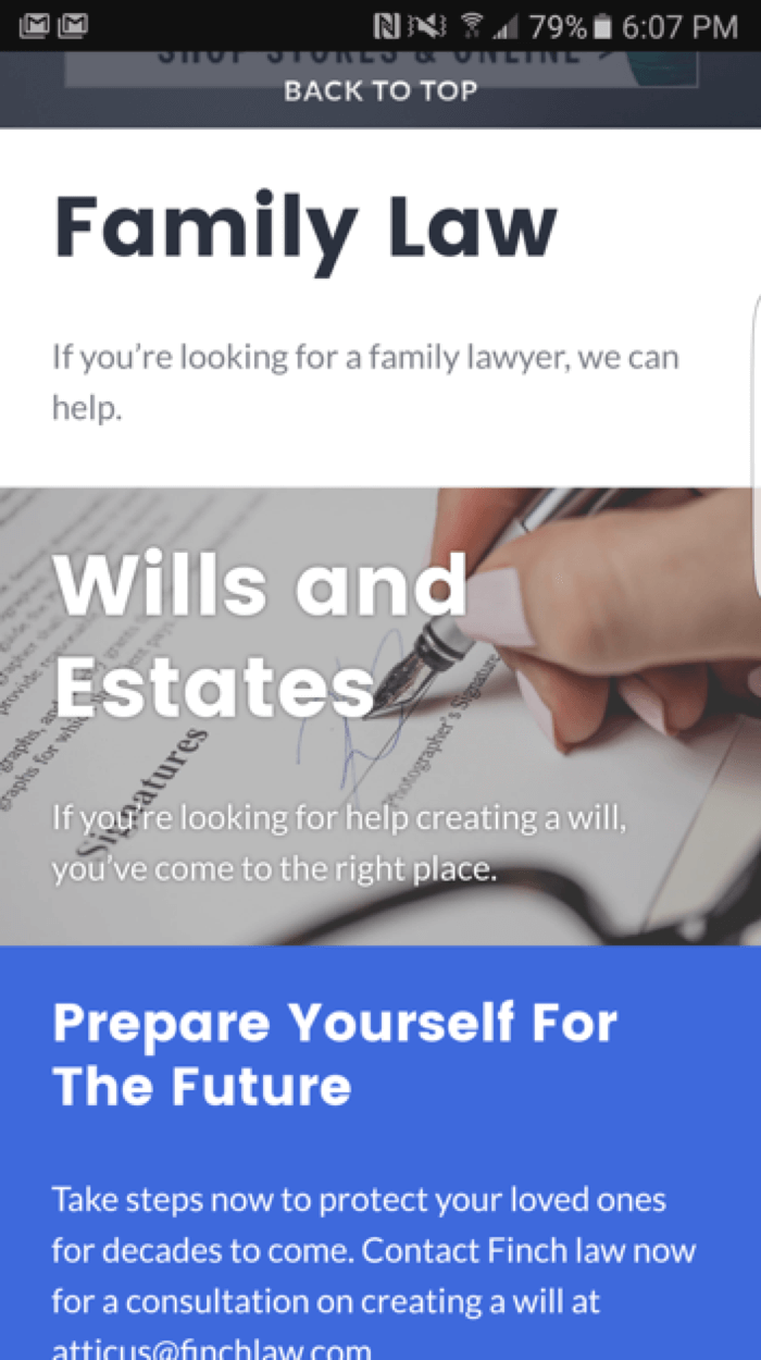 Image of finch law website on a mobile phone with heading and email