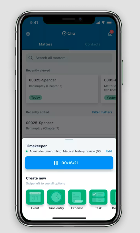 How to calculate utilisation rate with the help of Clio's time recording software, pictured here in the mobile app