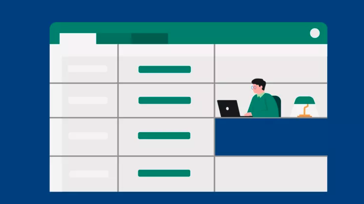 A graphic of a lawyer working at a desk which also looks like an Excel spreadsheet