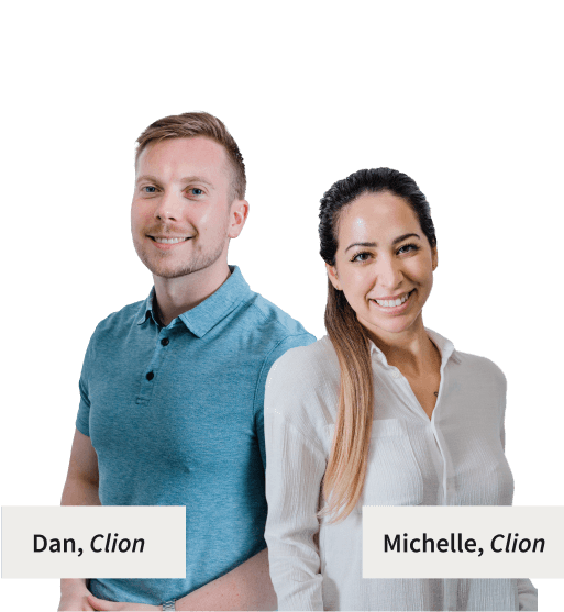 A headshot of two smiling people, a man named Dan in a blue polo shirt and a woman named Michelle in a white button-down shirt. Both are identified as working at Clio.