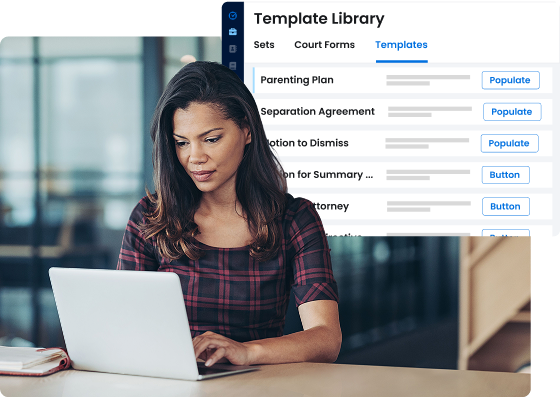Woman uses a laptop with a screen overlay showing the Clio Draft Template Library menu open to Templates.