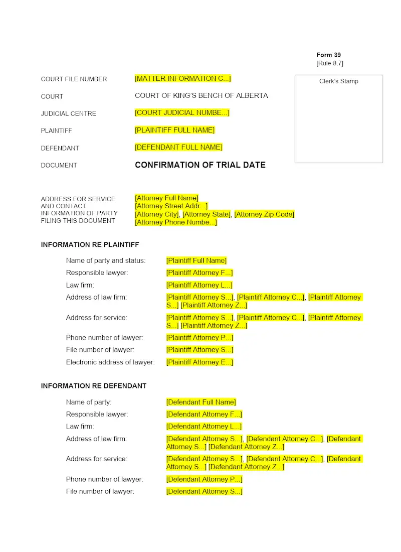 Confirmation of Trial Date (Form 39)