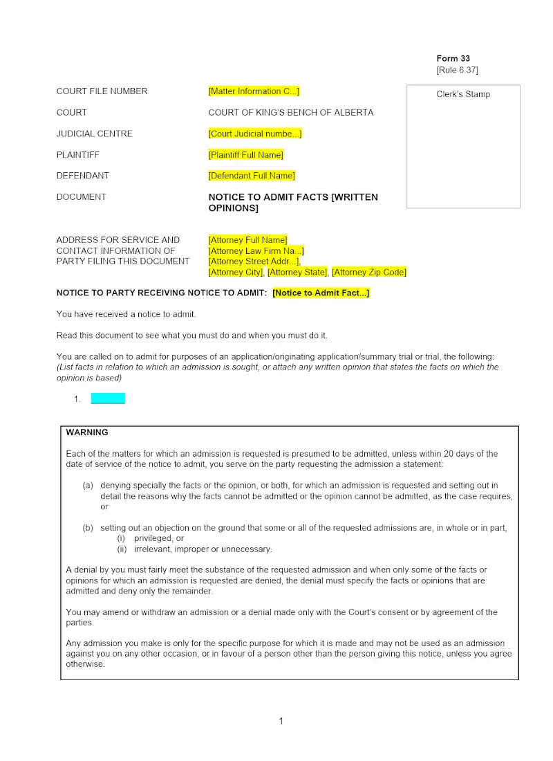 Notice to Admit Facts (Form 33)