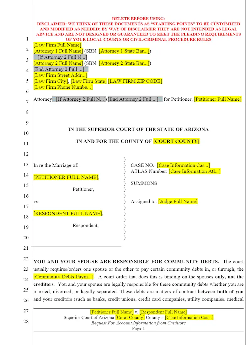 Arizona Notice regarding Creditors