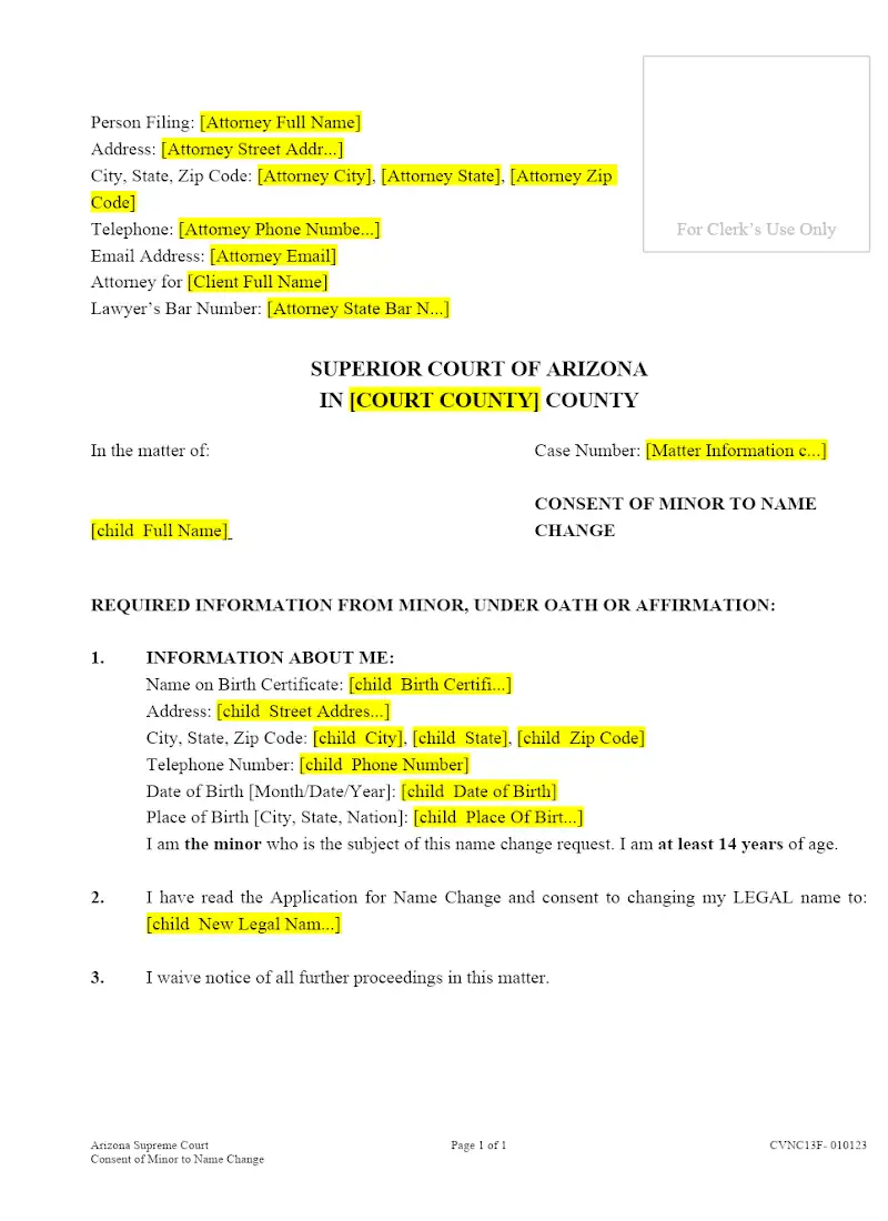 Consent of Minor to Name Change (Form CVNCM11F)