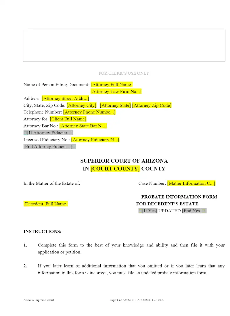 Probate Information Form for Decedent's Estate (Form 11)