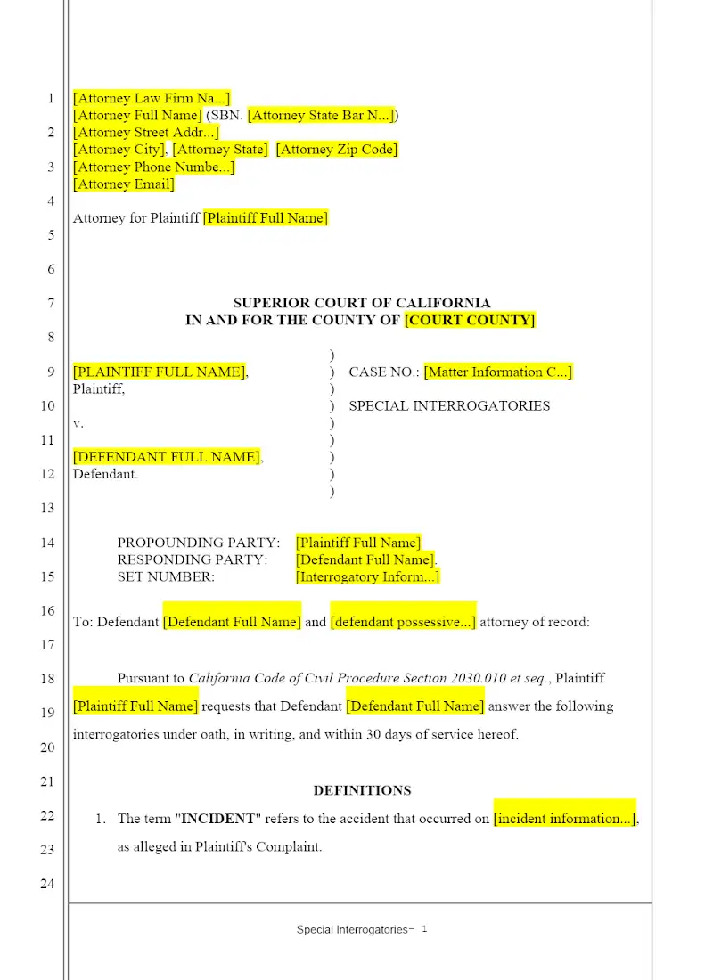 Plaintiff's Special Interrogatories - Personal Injury
