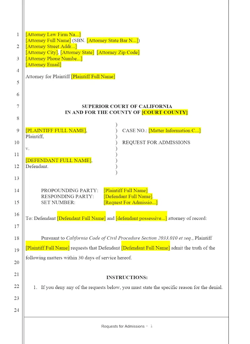 Plaintiff's Requests for Admission - Personal Injury