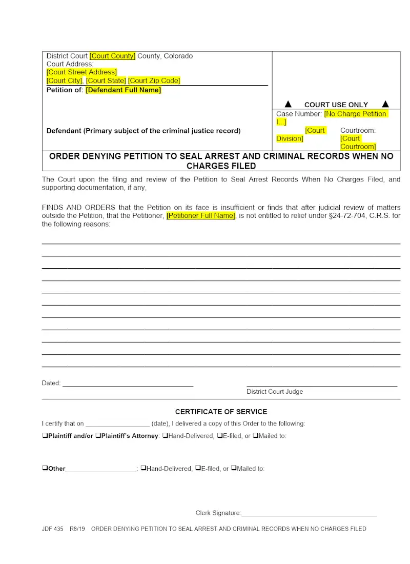 Order Denying Sealing Records (JDF 435)