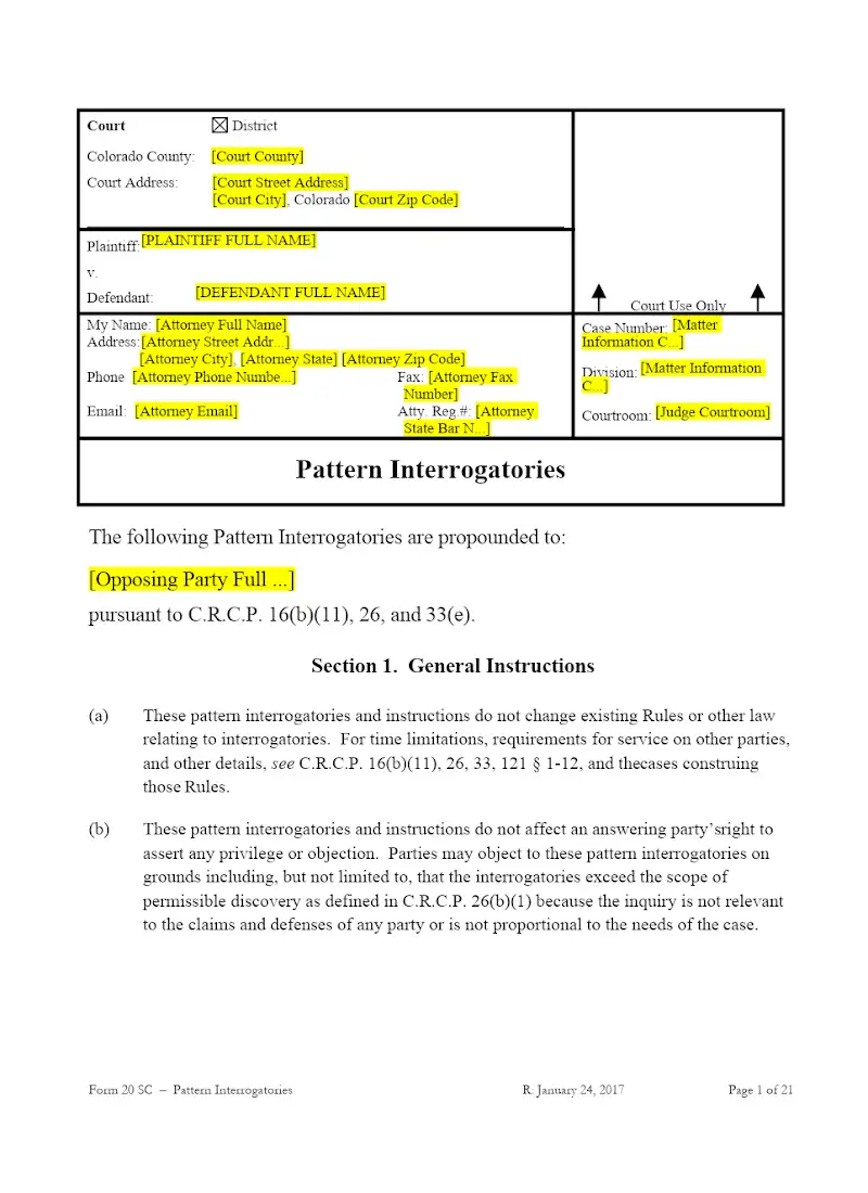 Pattern Interrogatories (Form 20 SC)