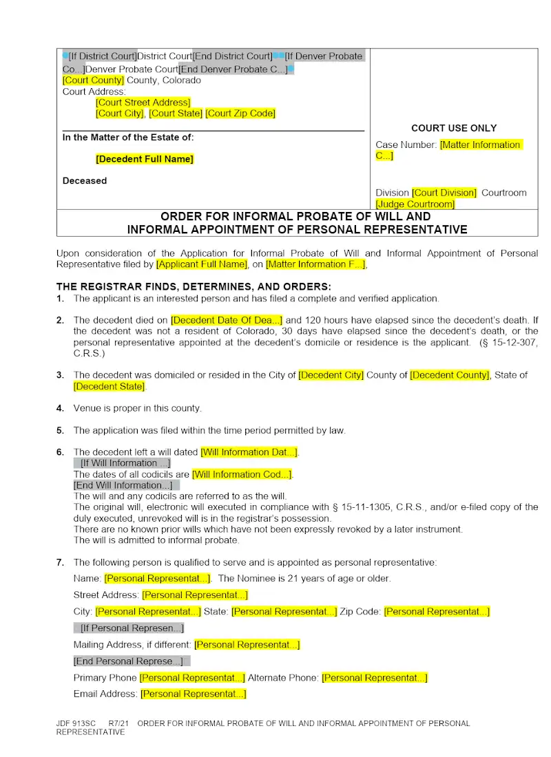 Order for Informal Probate (JDF 913)