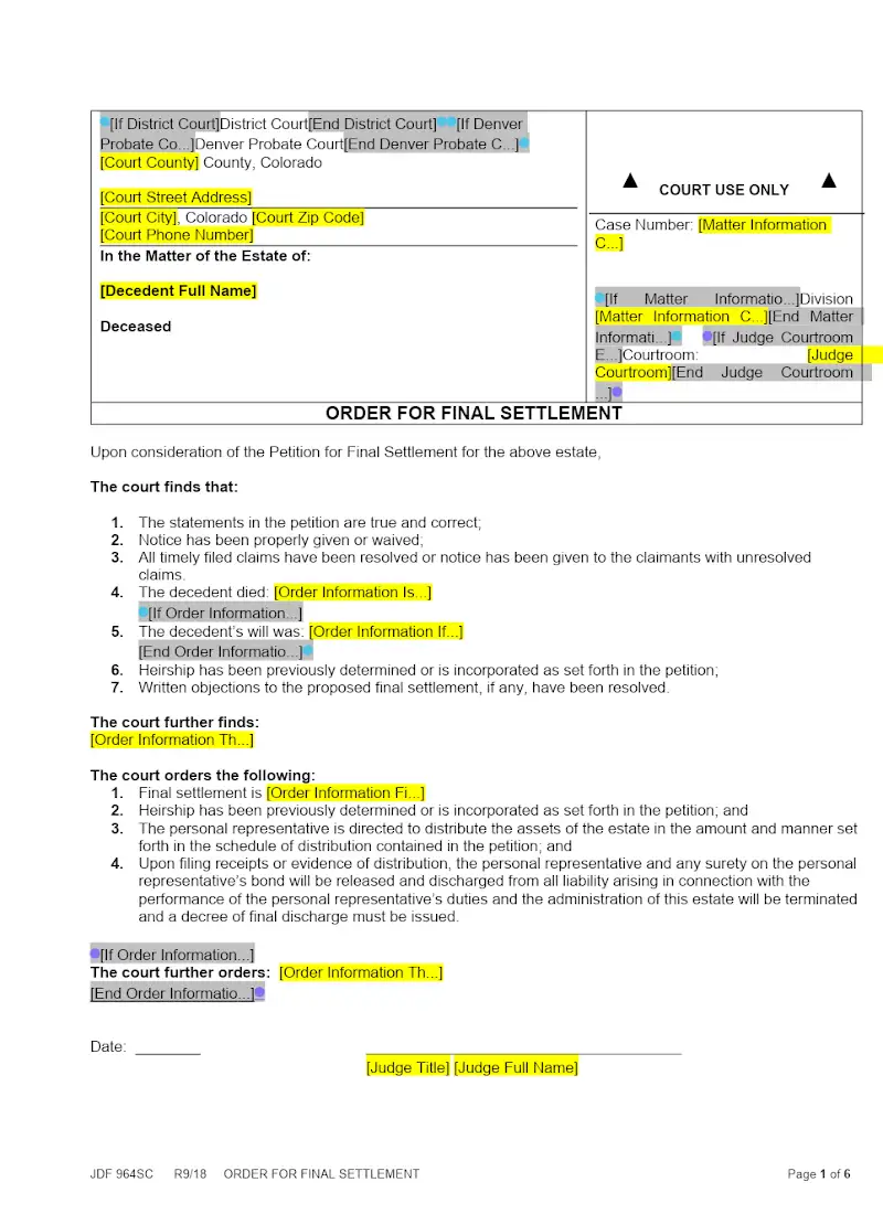 Order for Final Settlement (JDF 964)