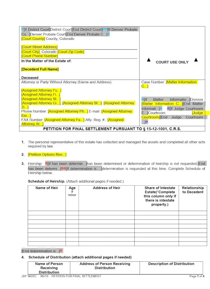 Petition for Final Settlement (JDF 960)
