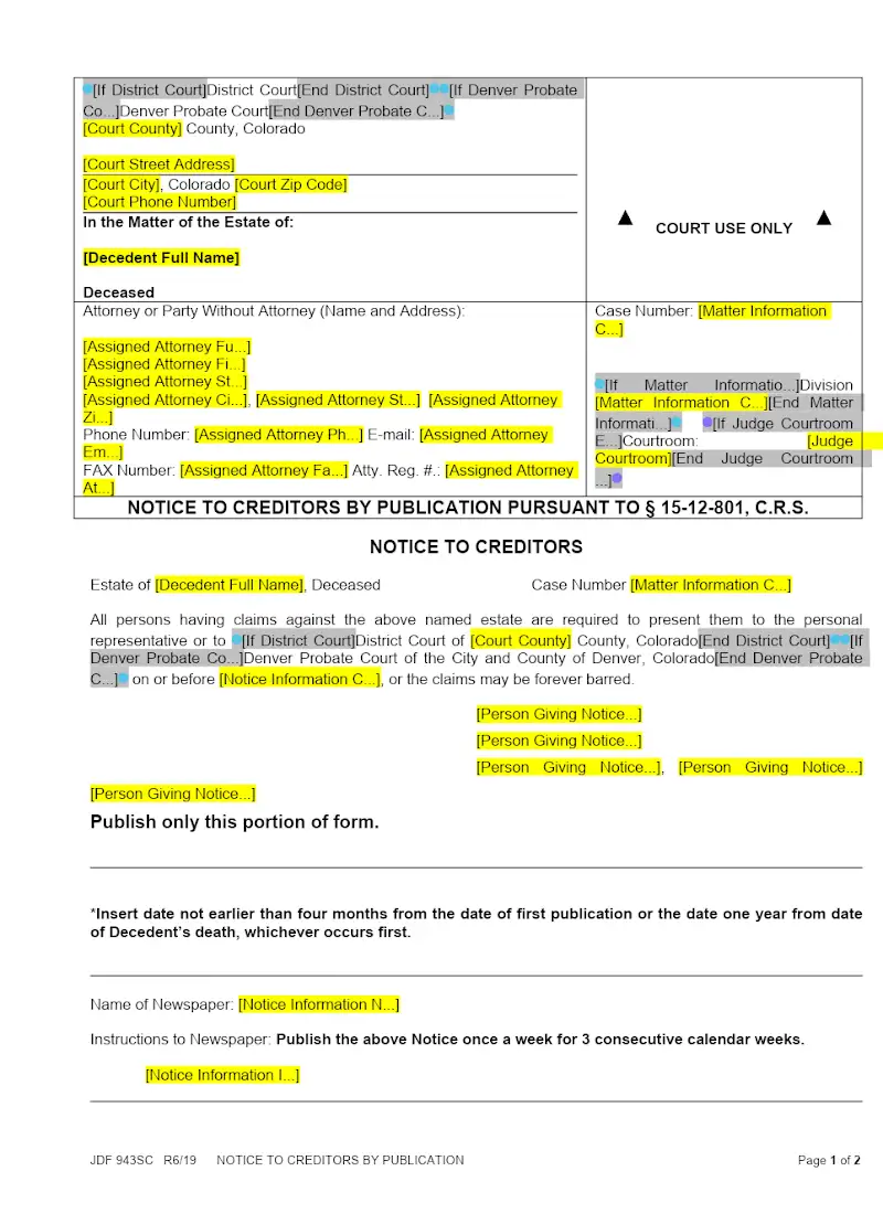 Notice to Creditors by Publication (JDF 943)