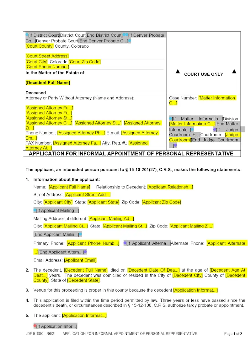 Application for Informal Appointment of PR (JDF 916)
