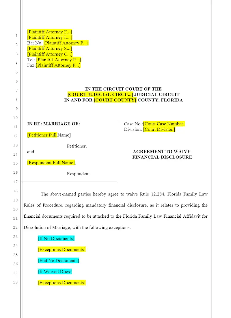 Agreement to waive financial disclosure