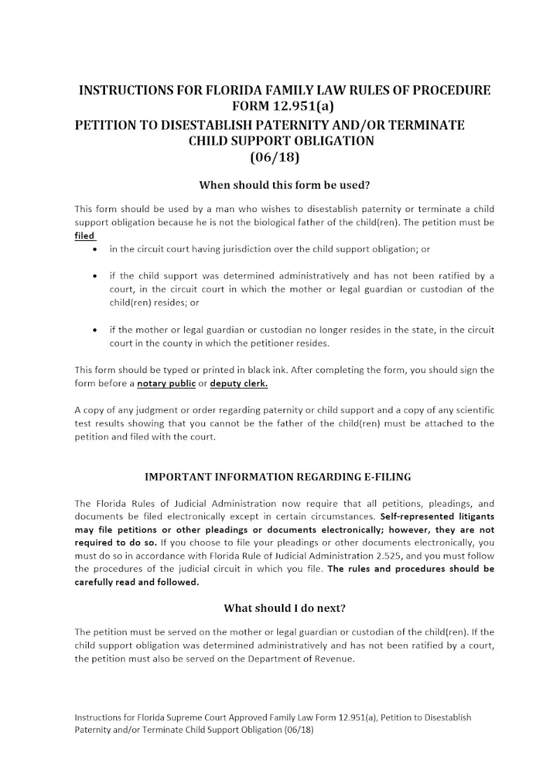 Petition to Disestablish Paternity (12.951(a) )