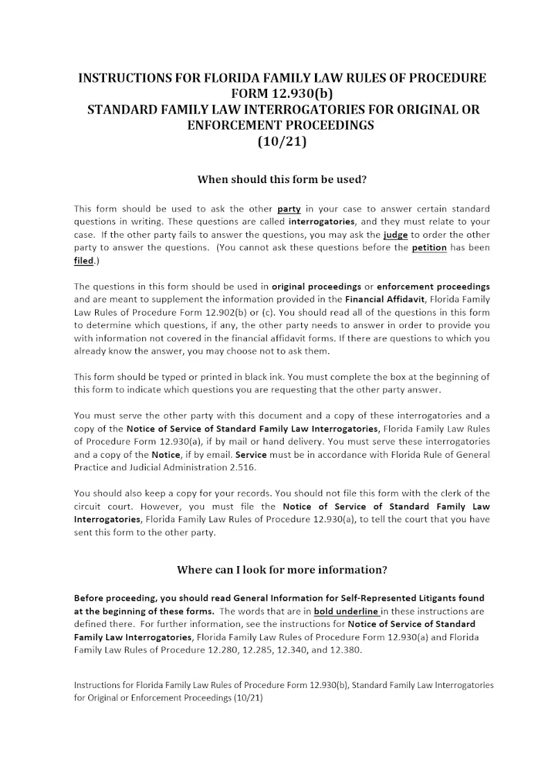Standard Family Law Interrogatories for Original or Enforcement Proceedings (12.930(b) )