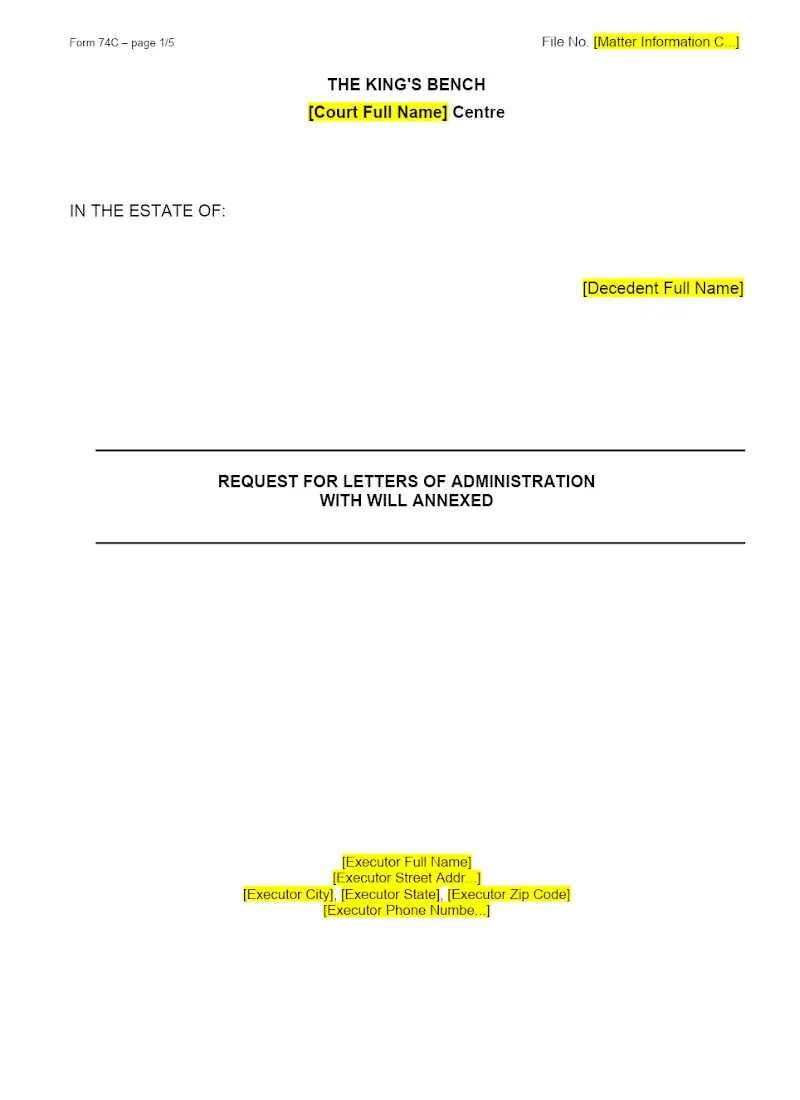 Request for Letters of Administration with Will Annexed (Form 74C)
