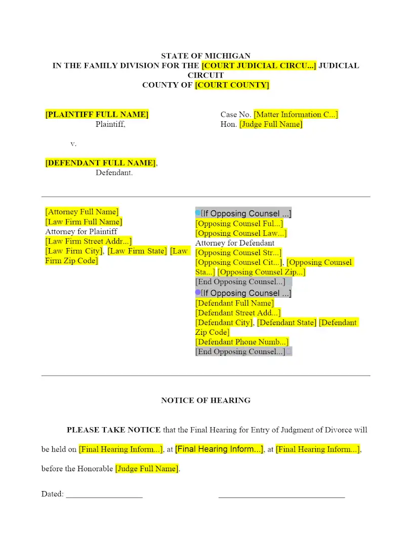 Notice of Final Hearing on Entry of Judgment of Divorce