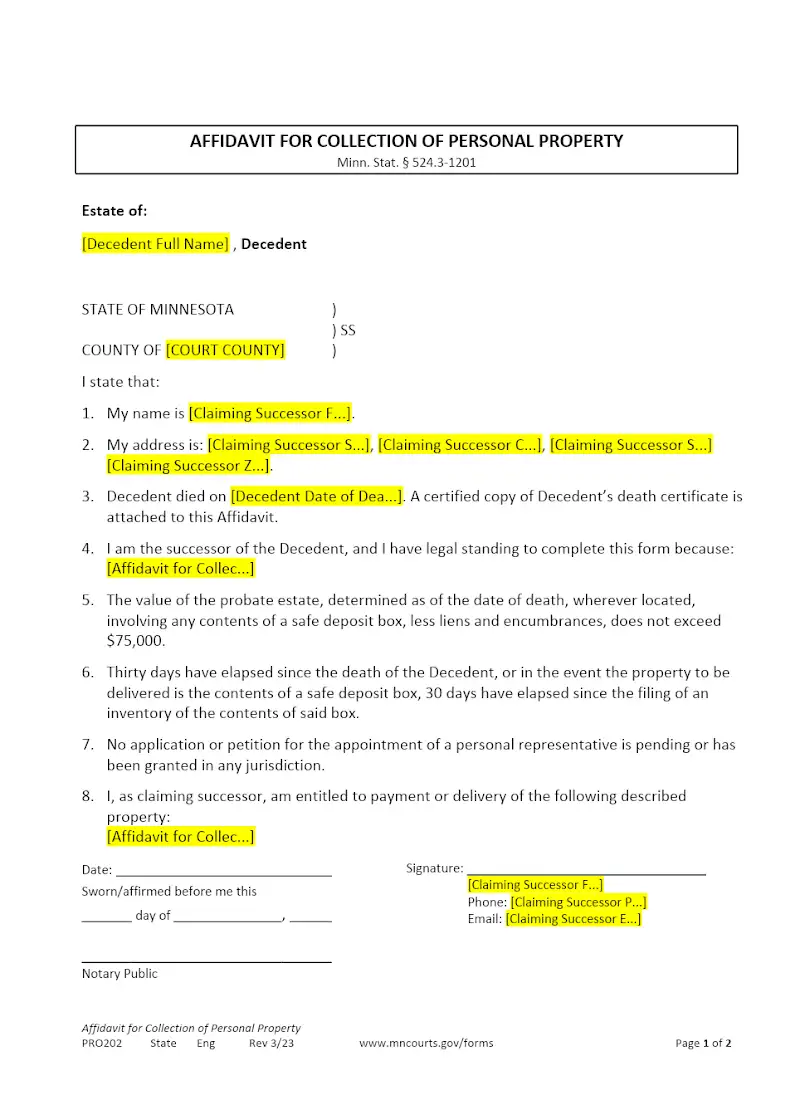 Affidavit for Collection of Personal Property (PRO202)
