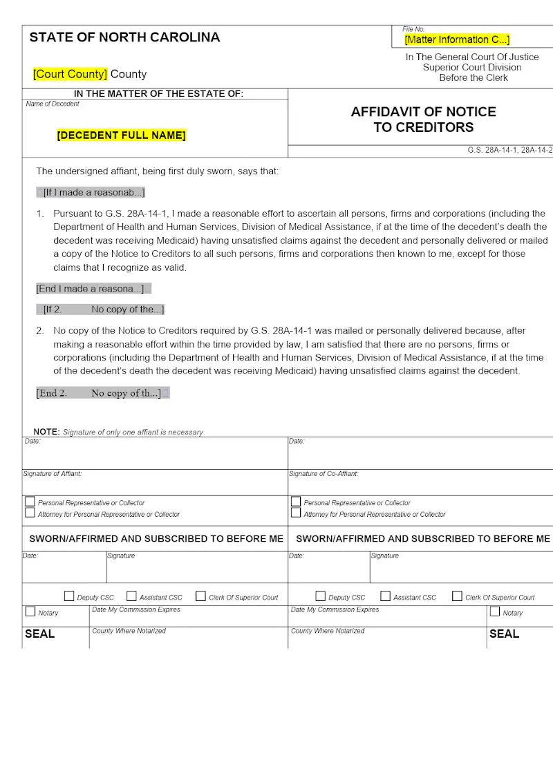 Affidavit of Notice to Creditors (AOC-E-307)
