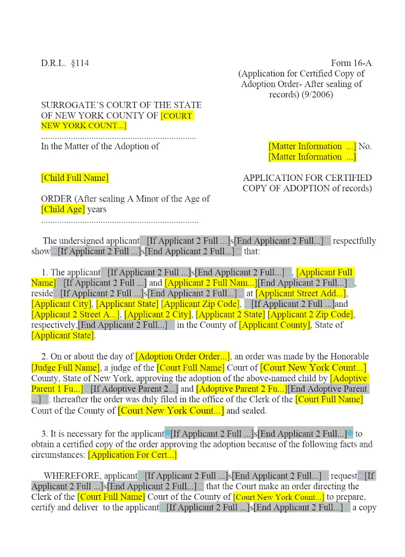 Application for Certified Copy of Adoption Order (After sealing of records) (16-A)