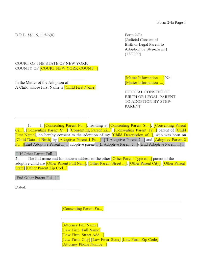 Judicial Consent (Birth or Legal Parent - Private Placement Step-Parent) (2-Fa)