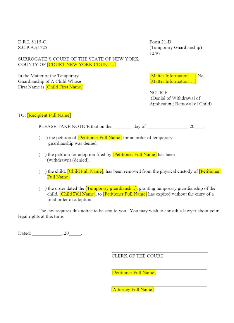 Notice (Denial or Withdrawal of Application) (Removal of Child) (21-D)