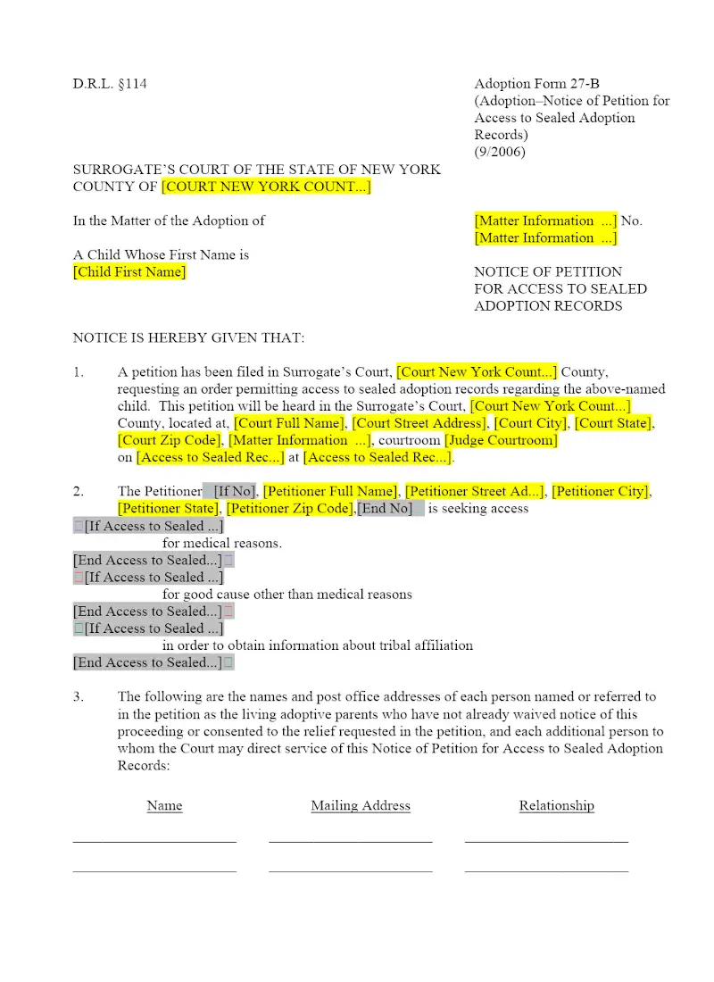 Notice of Petition for Access to Sealed Adoption Records (27-B)