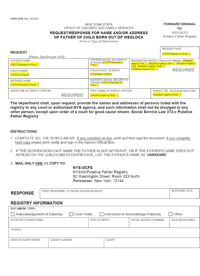 NYS OCFS RequestResponse for Name and--or address of Father of Child Born Out of Wedlock (LDSS-2725)