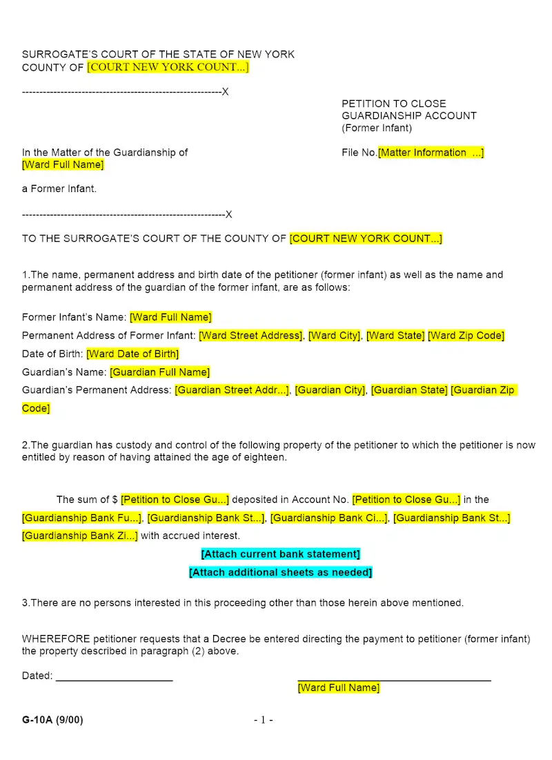 Petition to Close Guardianship Account (Former Infant) (G-10A)