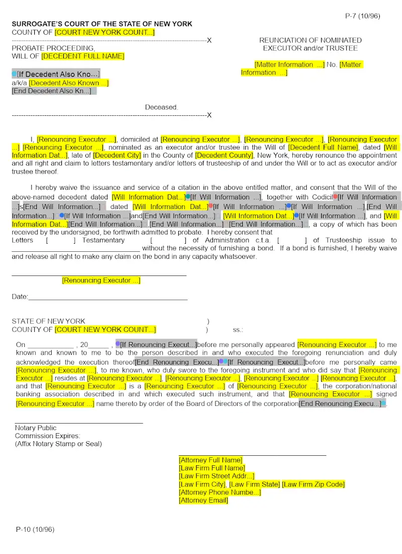 Renunciation of Nominated Executor and or Trustee (Form P-10)