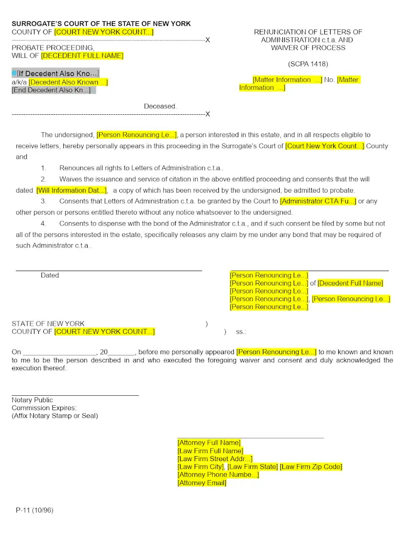 Renunciation of Letters of Administration c.t.a. and Waiver of Process (Form P-11)