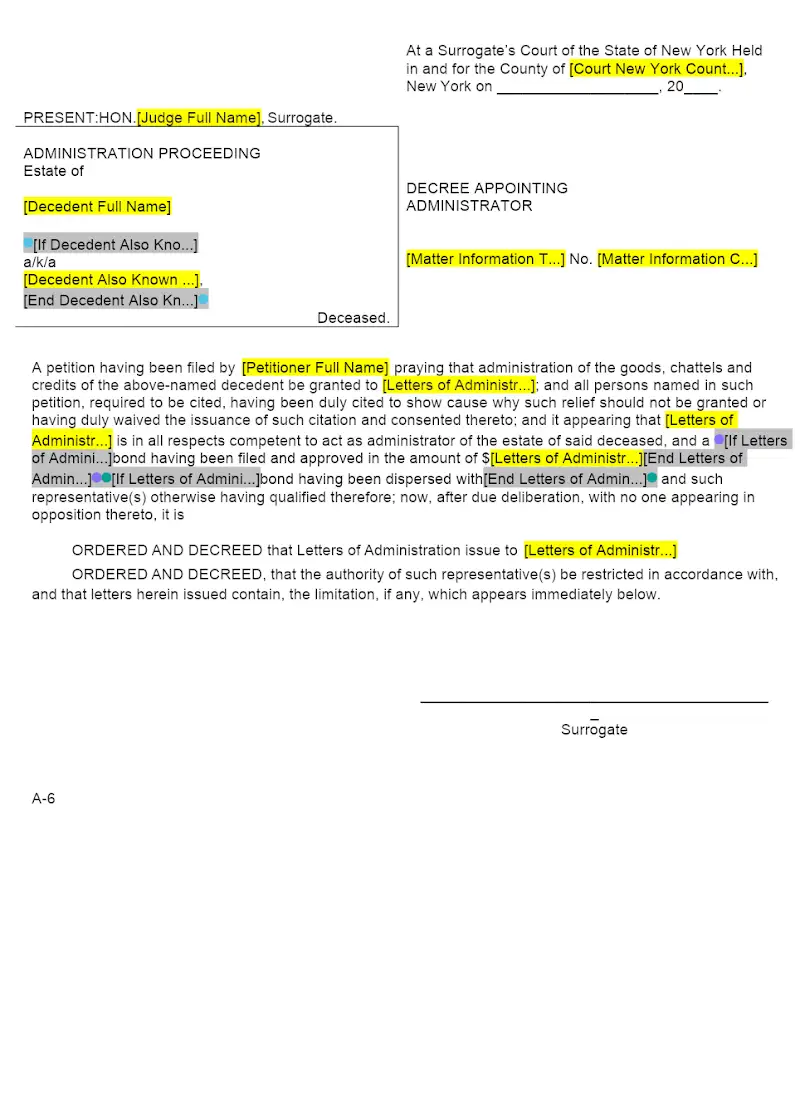 Decree Appointing Administrator (Form A-6)