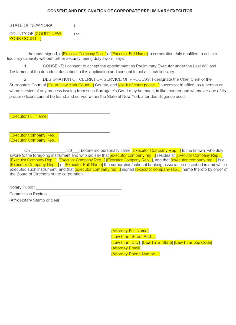Consent and Designation of Corporate Preliminary Executor (Inside NYS)