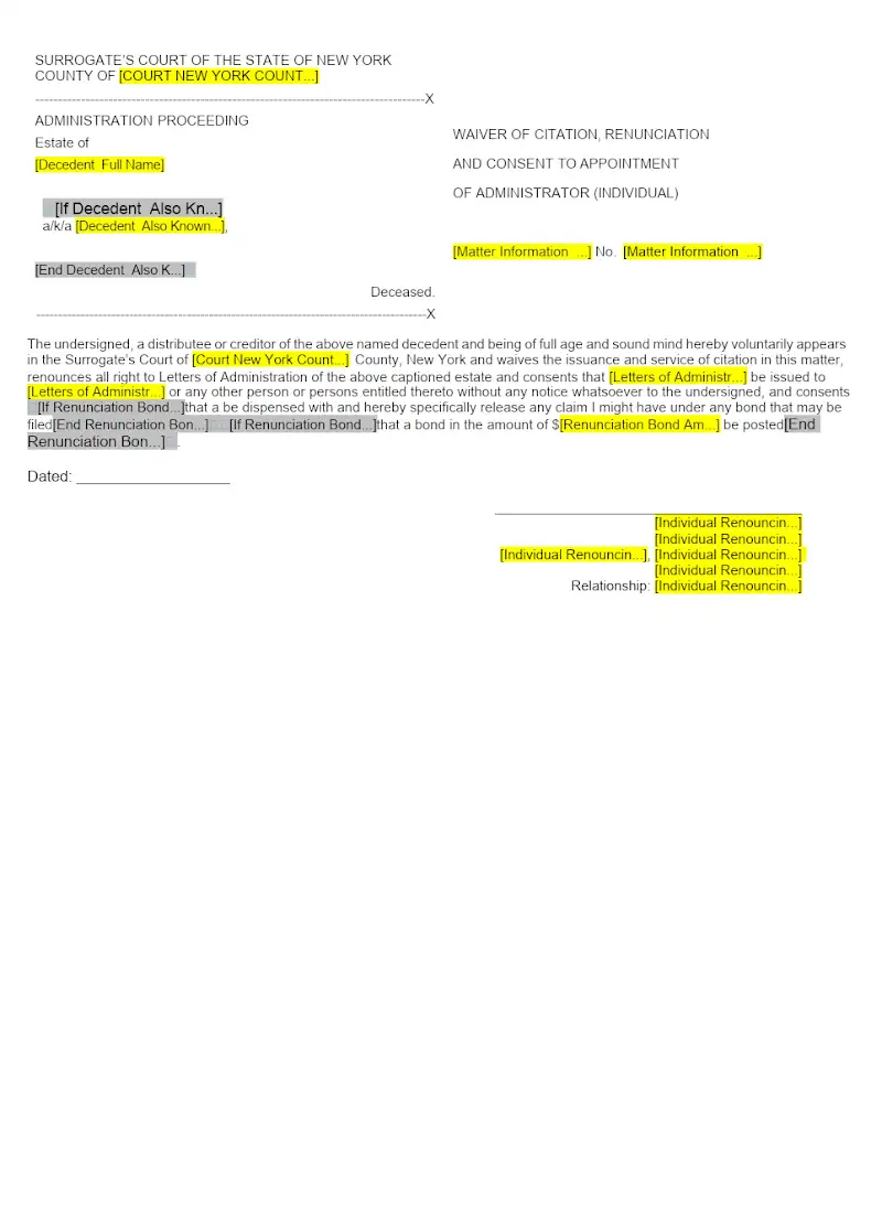Waiver of Citation, Renunciation and Consent to Appointment of Administrator (Ind.) (Form A-8)