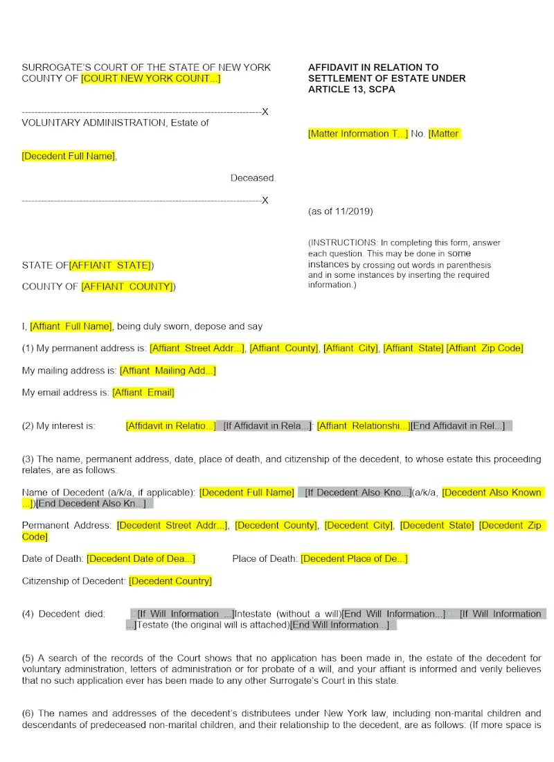 Affidavit in Relation to Settlement of Estate Under Article 13