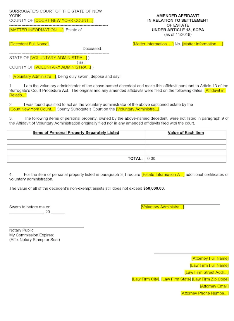 Amended Affidavit in Relation to Settlement of Estate Under Article 13