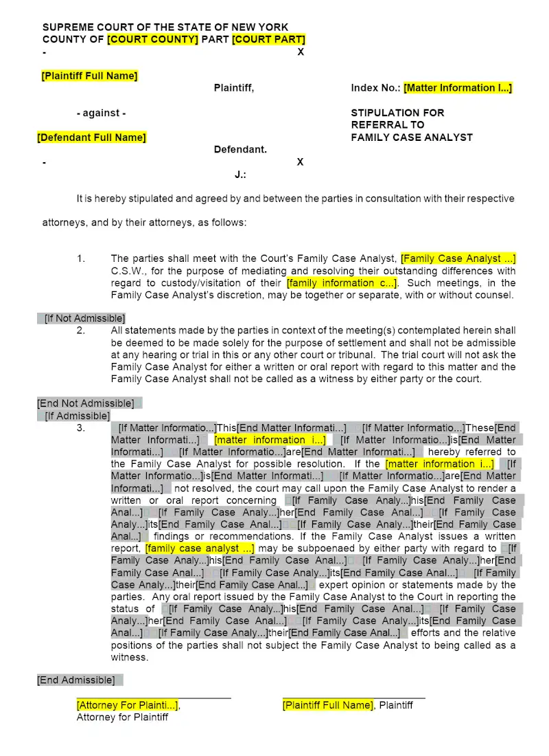 Stipulation for Referral to Family Case Analyst (FCA-1)