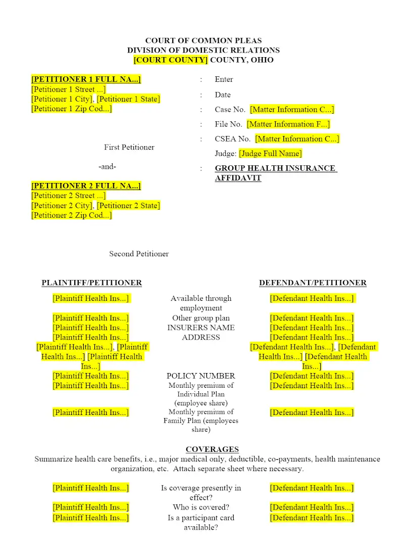 Group Health Insurance Affidavit