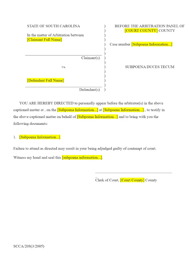 Subpoena (SCCA 208)