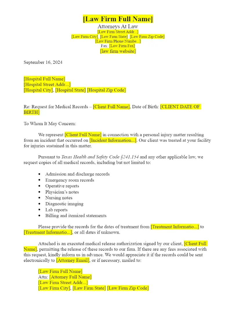 Letter Requesting Hospital Records