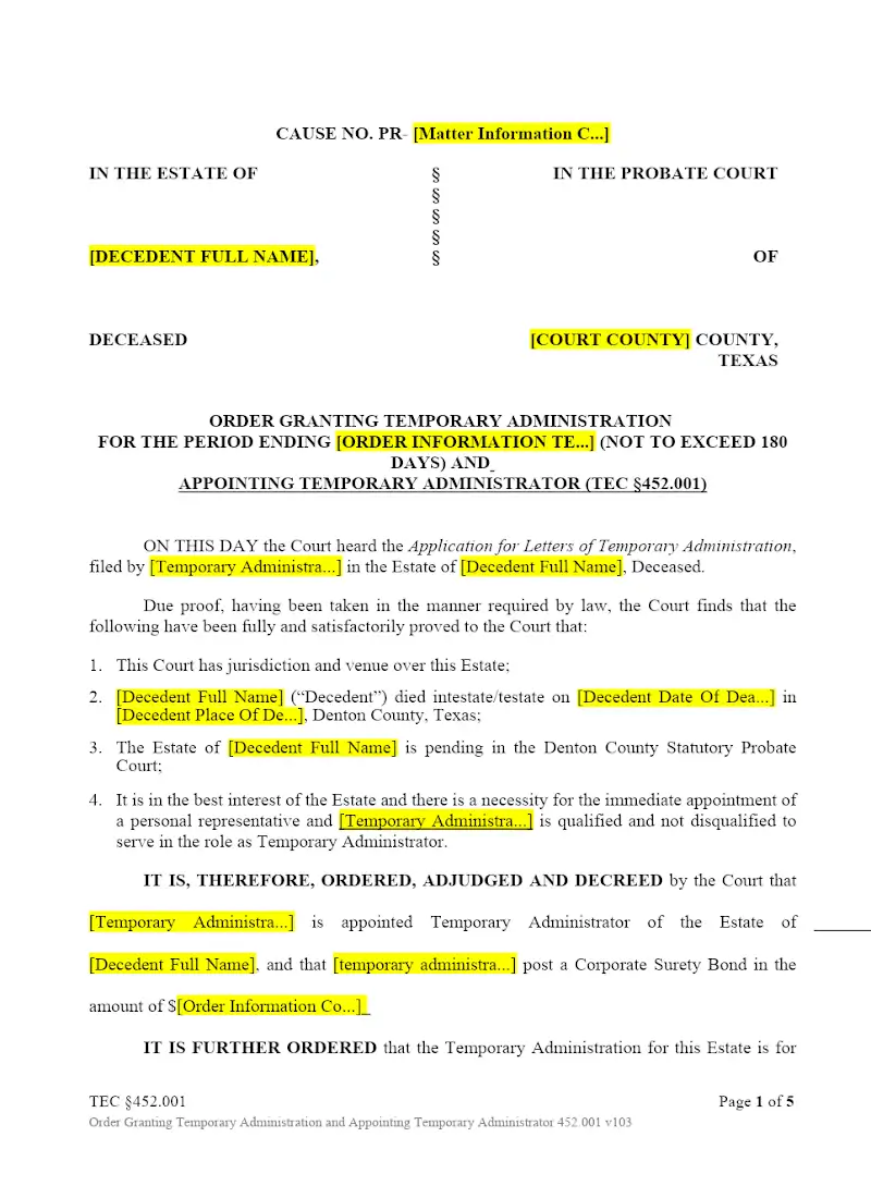 Order Granting Temporary Admin (TEC 452.001)