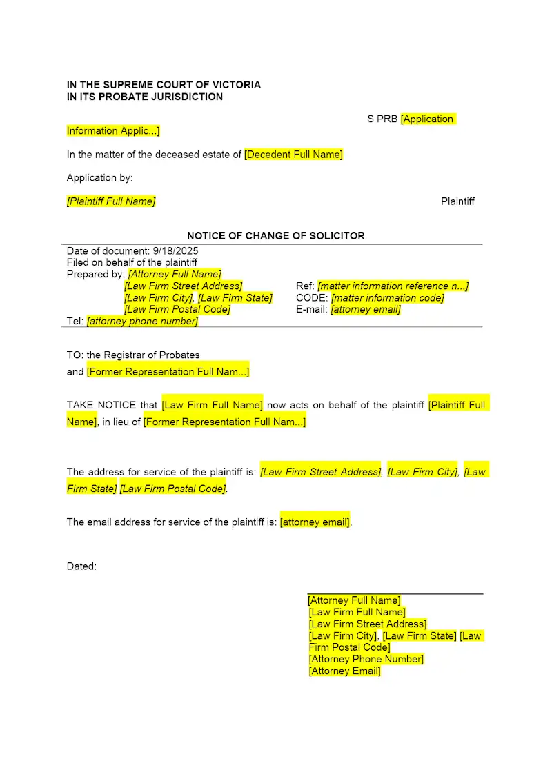 Notice of Change of Solicitor