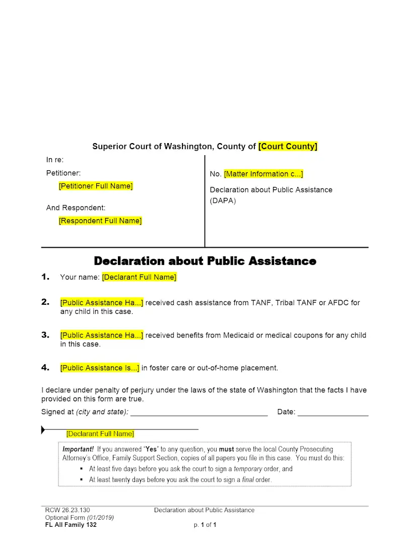 Declaration About Family Assistance (Form FAM 132)