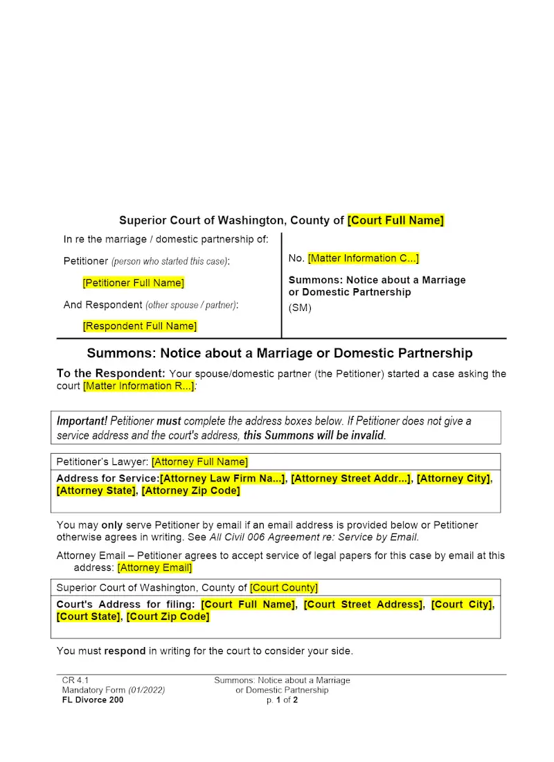 Summons for Divorce (Form FAM 200)